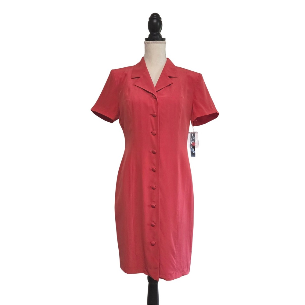 NWT August Silk Coral Pink Button Front Shirt Dress Size 10  Retro Corporate